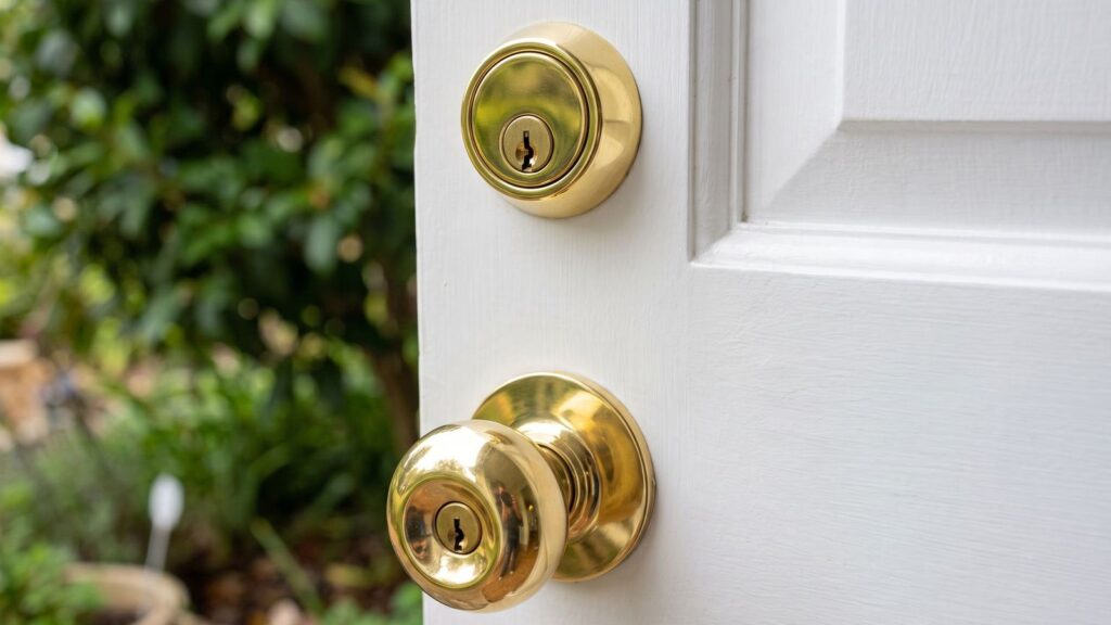 Brass deadbolt and knob set on a white panelled door
