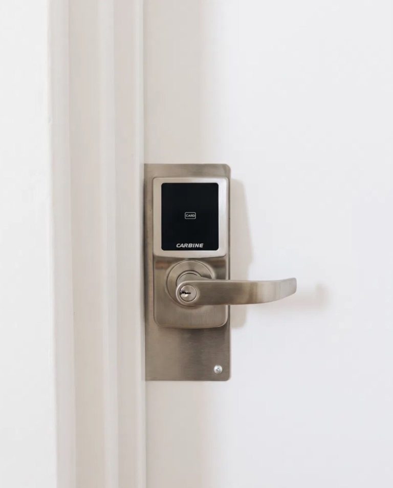 Carbine digital card lock with lever handle on a metal plate fitted to a door