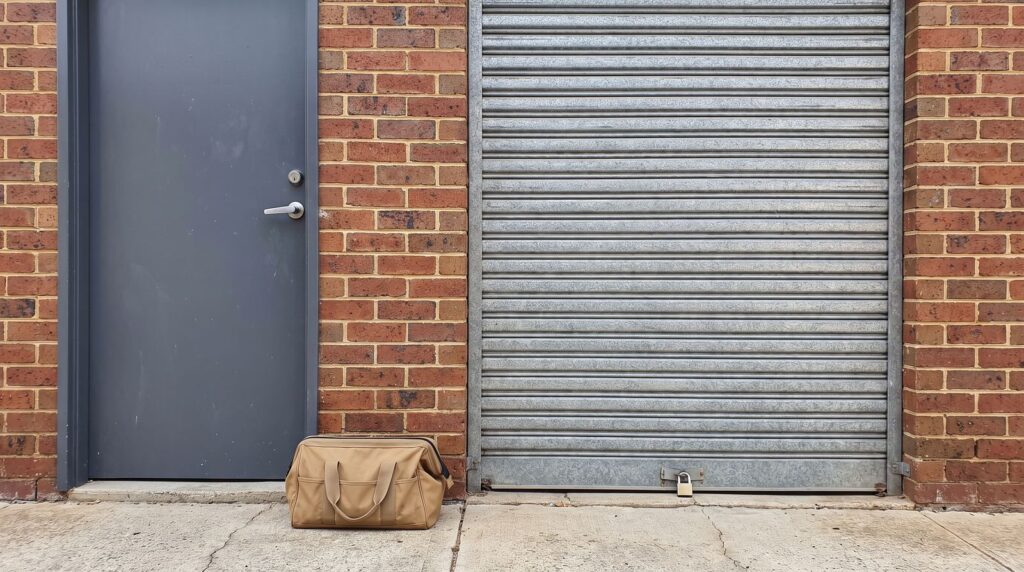 A rear door and roller shutter on a brick building, with a tool bag on the ground