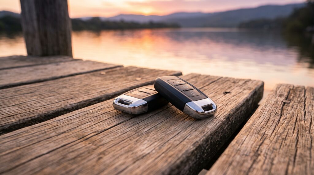 Two black car remote keys on a weathered timber jetty beside a river at sunset