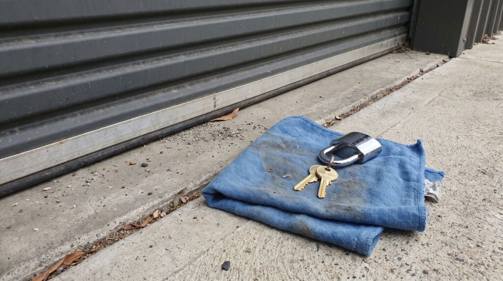 A padlock and keys on a cloth beside a factory roller door