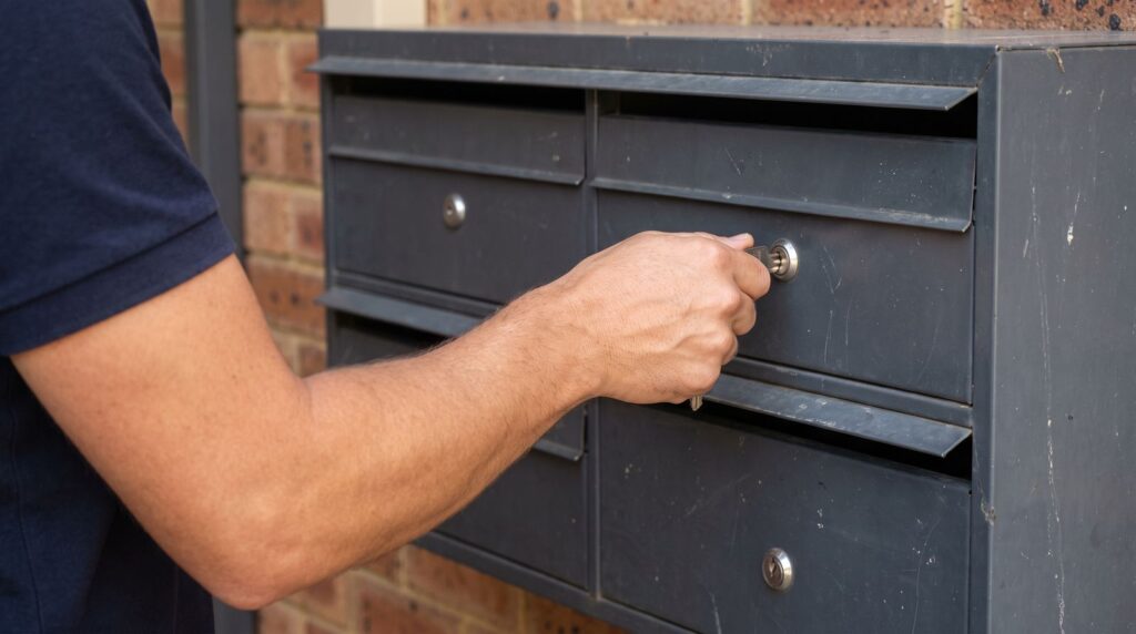 A hand unlocking one letterbox in a bank of unit letterboxes