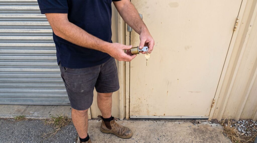 A locksmith holding a lock cylinder beside a warehouse door
